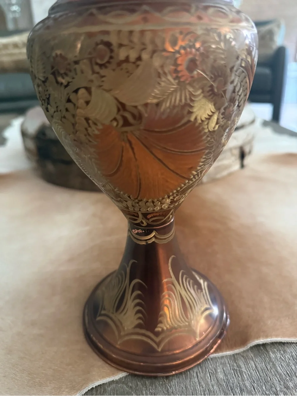 Ornate Copper-Tone Decorative Vase - Floral Etched Accent